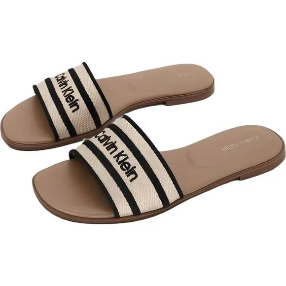 Calvin Klein Kendell Logo Slide Sandals Natural/Black Women US 6M - Picture 2 of 6